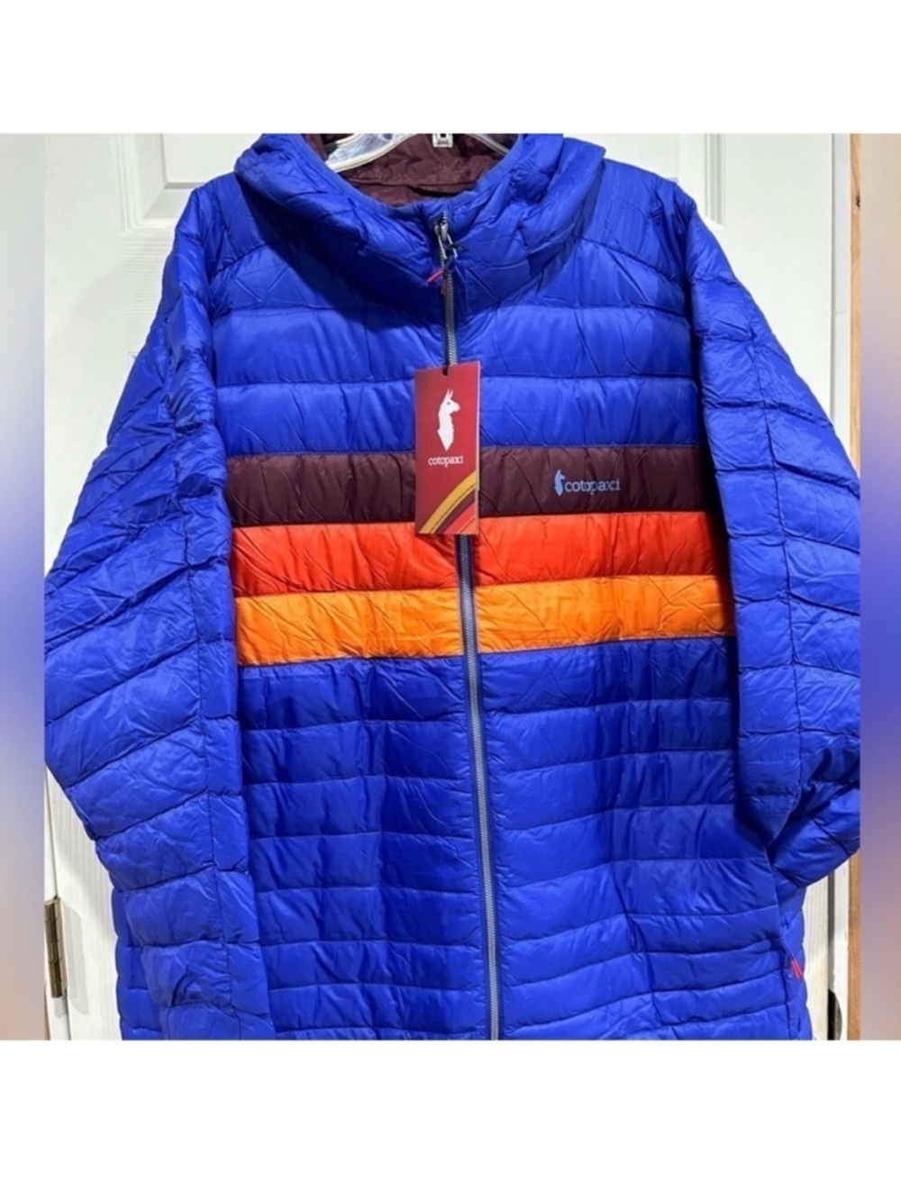 Cotopaxi Men’s XXL Fuego Hooded Down Puffer Jacket Blue Violet Stripes NWT